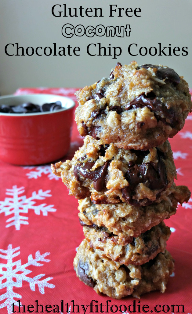 gluten free chocolate chips cookies stacked high with chocolate chips in the background.