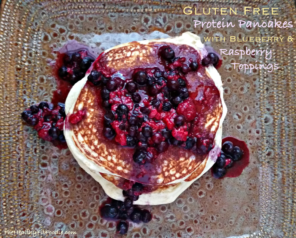 Gluten Free Protein Pancakes with Blueberry and raspberry toppings