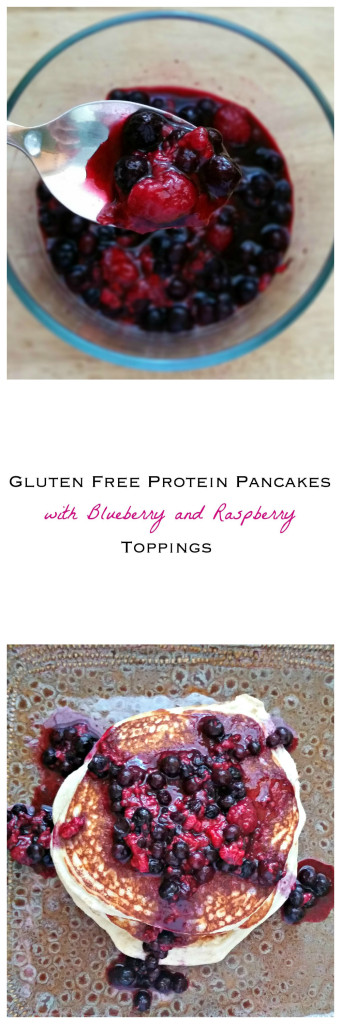 Gluten Free Protein Pancakes with blueberry and raspberry toppings
