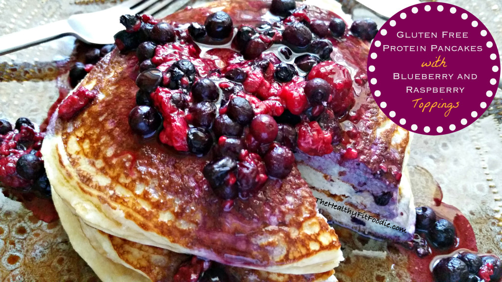 Gluten Free Protein Pancakes with blueberry and raspberry toppings