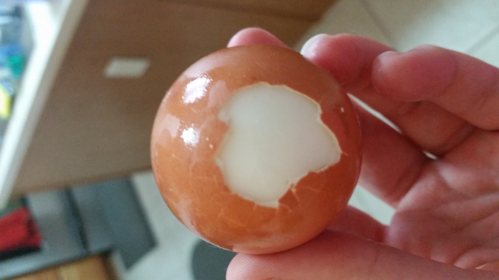 a farm fresh brown egg with part of it's shell removed