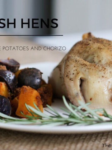 Cornish Hens with pumpkin, purple potatoes and chorizo.