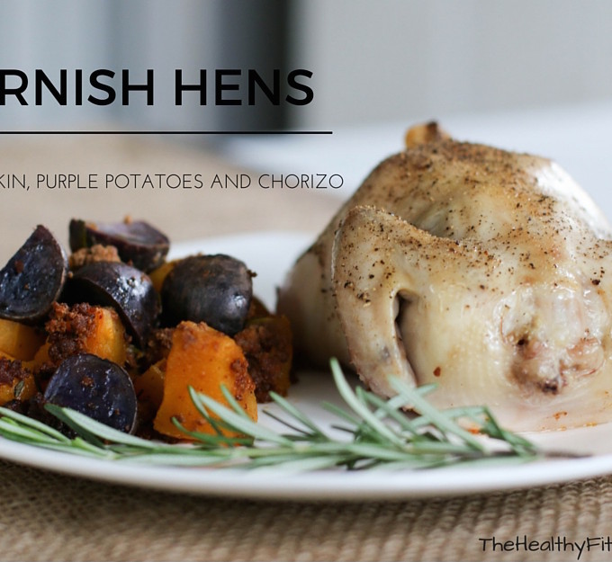 Cornish Hens with pumpkin, purple potatoes and chorizo.