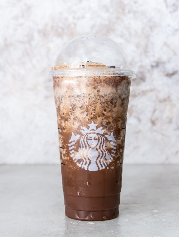 image of a Starbucks Venti Java chip Frappuccino on a grey background