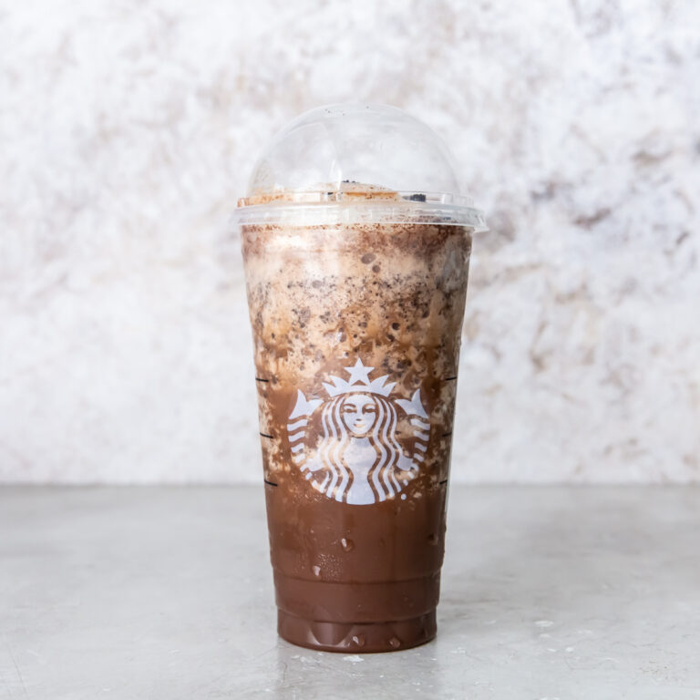 Healthy Starbucks Java Chip Frappuccino Recipe in a Starbucks cup with a lid.