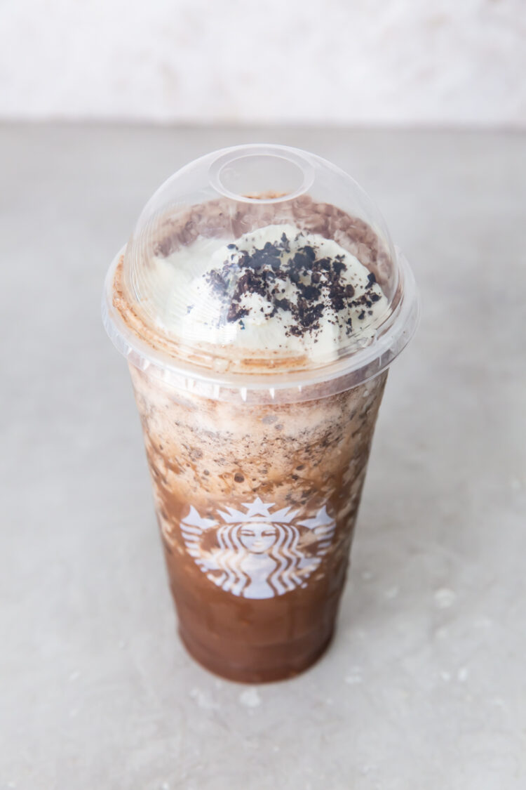 image of a Starbucks Venti Java chip Frappuccino on a grey background 