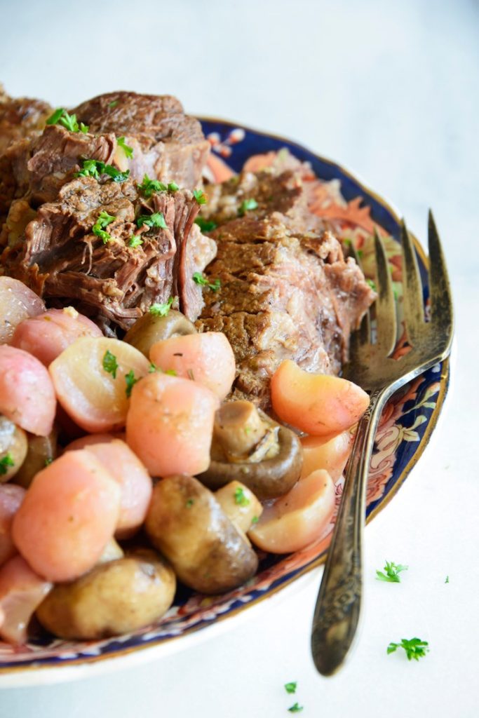 image of low carb pot roast with radishes and carrots