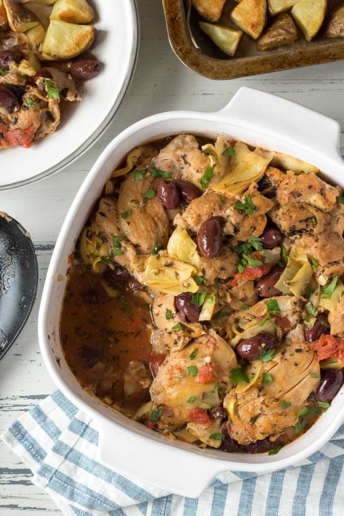 image of instant pot greek chicken thighs in a casserole dish