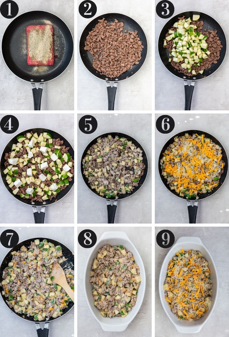 step by step directions for how to make this super easy zucchini casserole with ground beef.