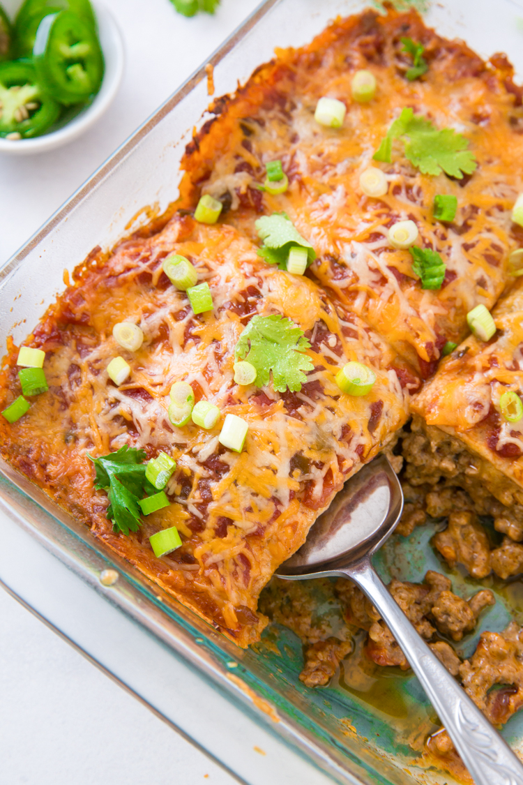 Keto Mexican Casserole in a glass dish with a spatula