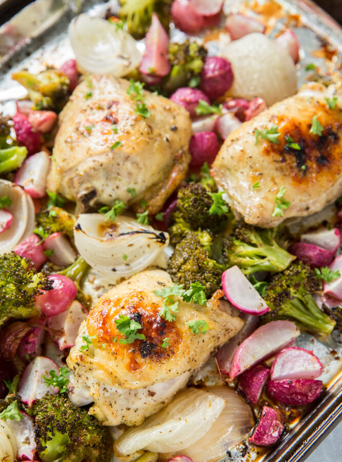 sheet pan dinner with chicken thighs, radishes and broccoli