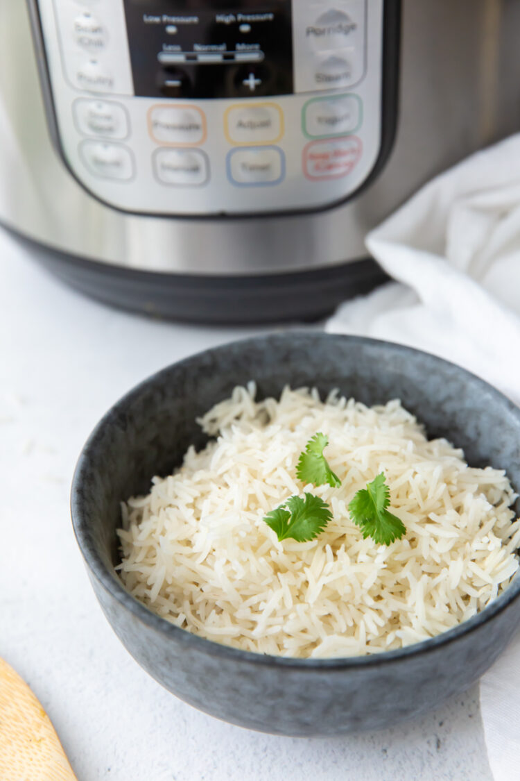 blue bowl filled with basmati rice topped with cilantro