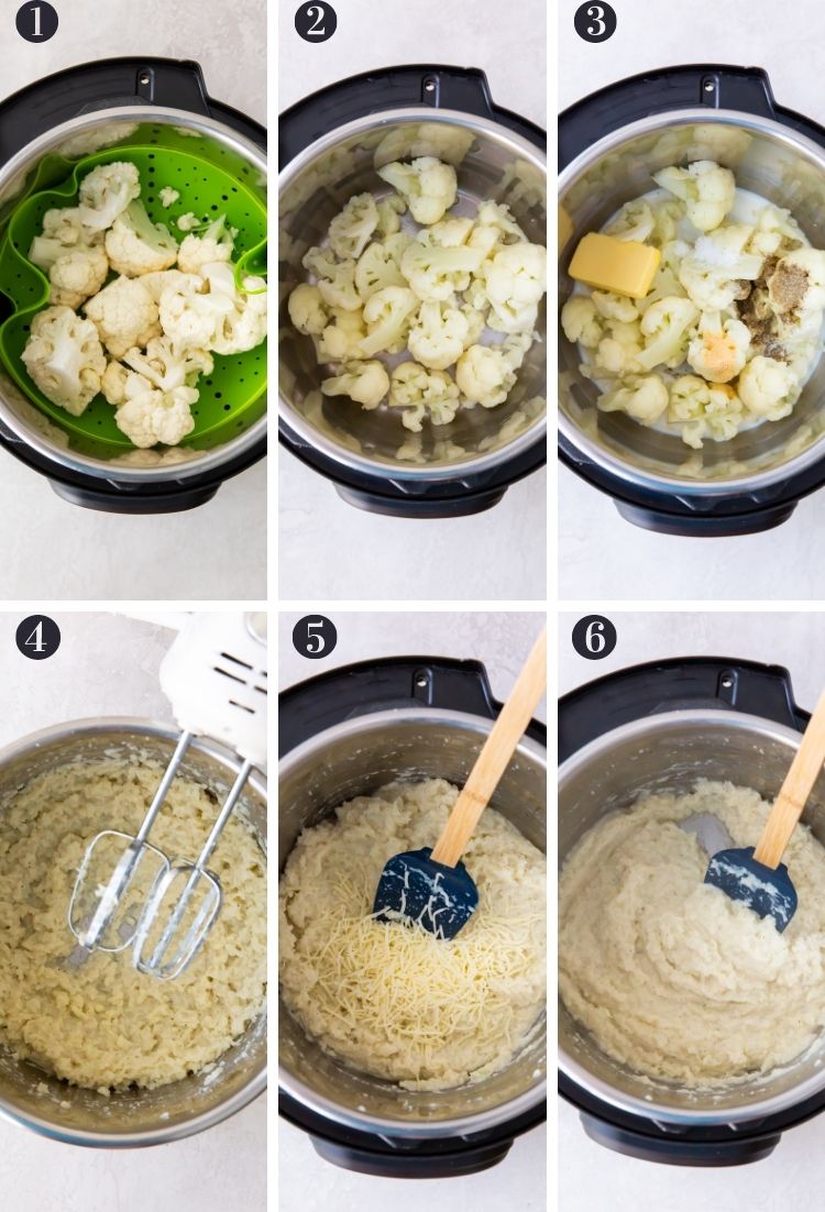 picture collage of steps to make cauliflower mash in the instant pot