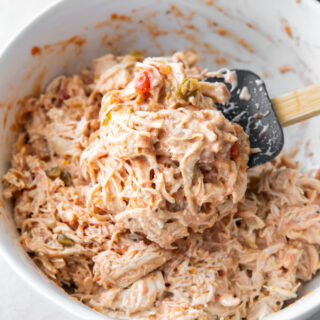 creamy salsa chicken recipe in a while bowl with a spatula