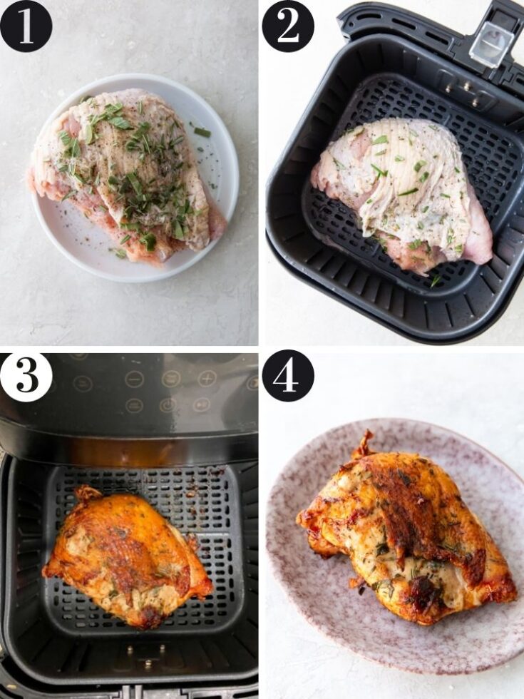 picture collage of steps to make roasted turkey in an air fryer