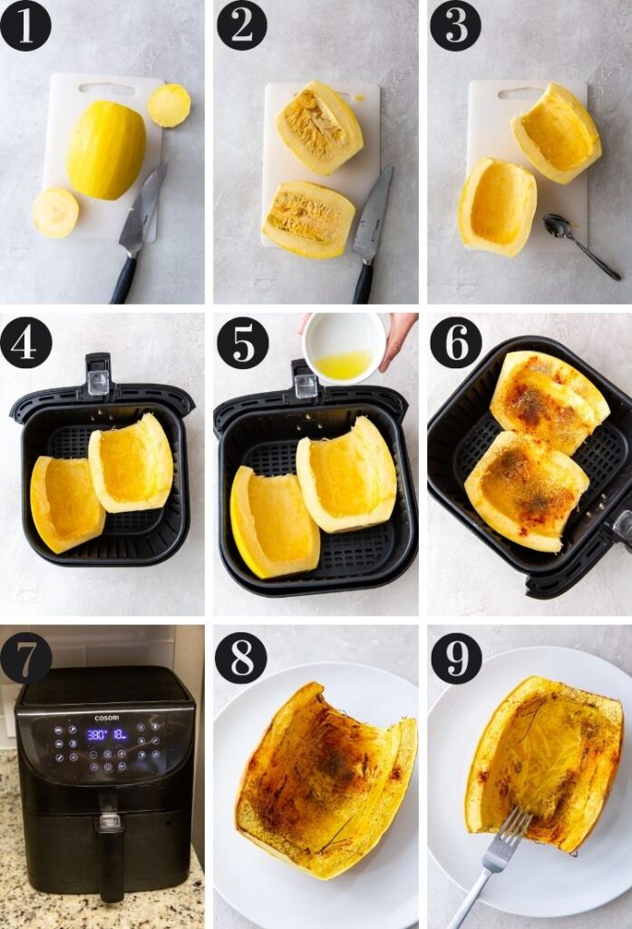 a collage picture for steps how to make spaghetti squash in an air fryer