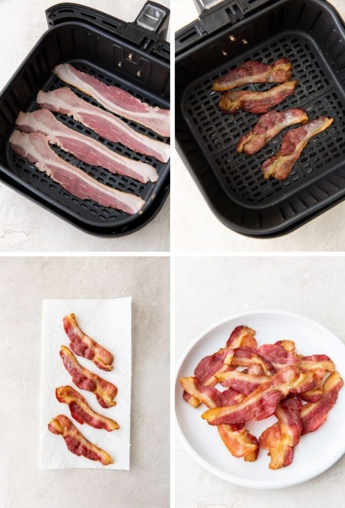 collage photo with process steps of how to make bacon in an air fryer