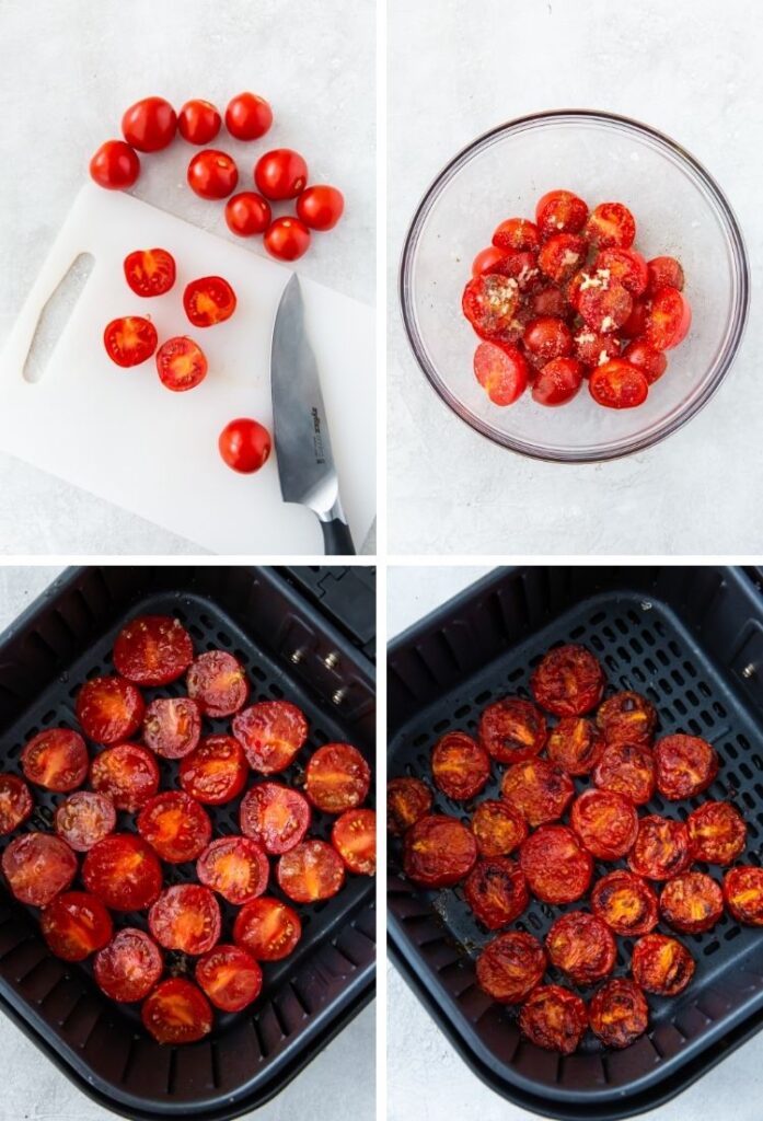 tomatoes, tomatoes cut in half and tomatoes halves in an air fryer basket