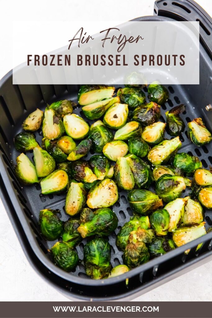 pinterest image, brussel sprouts in an Air fryer basket.