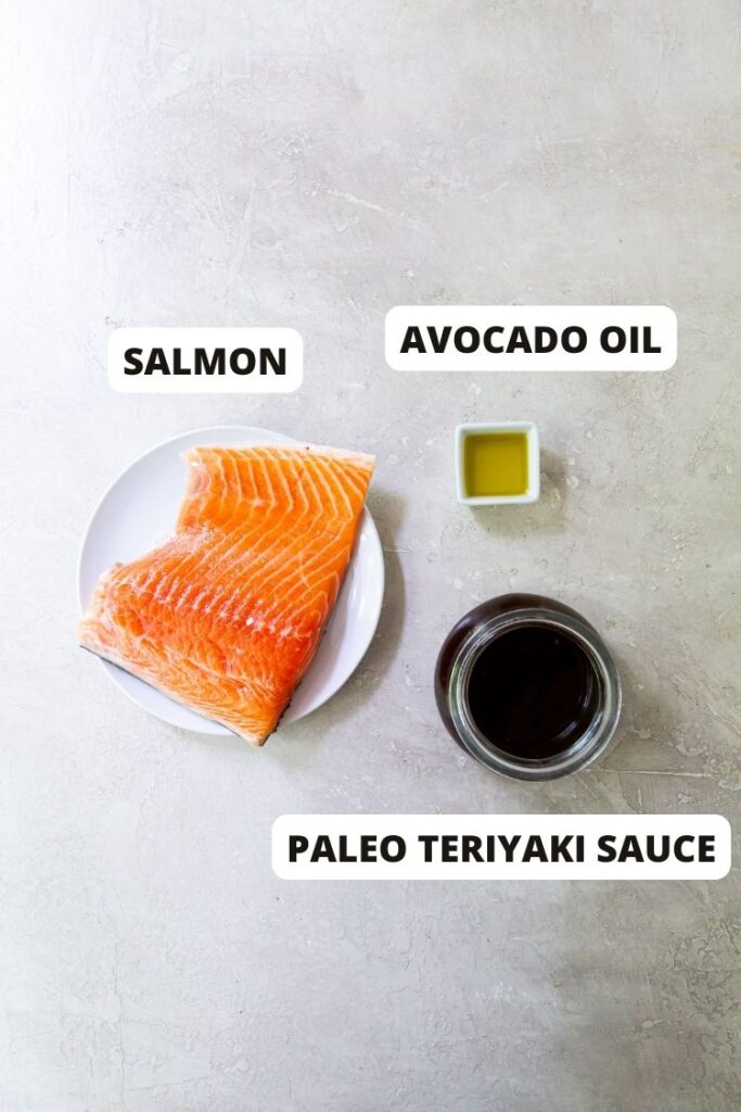 ingredients to make grilled salmon (oil, salmon, teriyaki)
