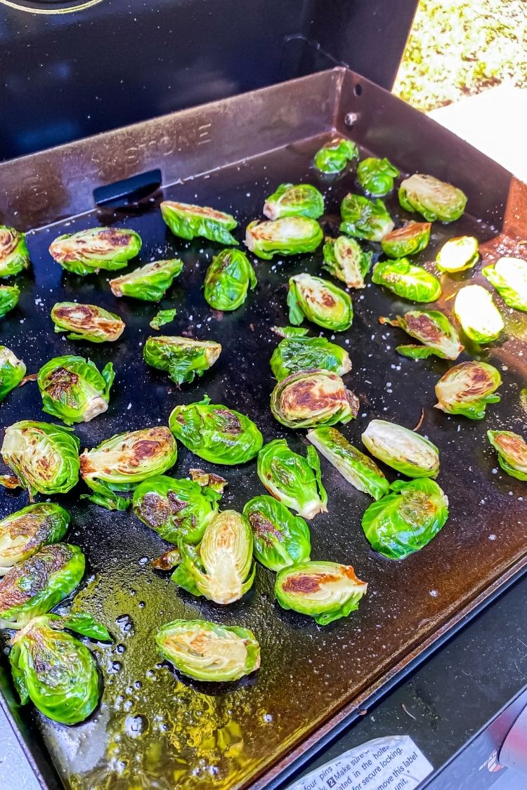 brussel sprouts being cooked on a Blackstone Griddle