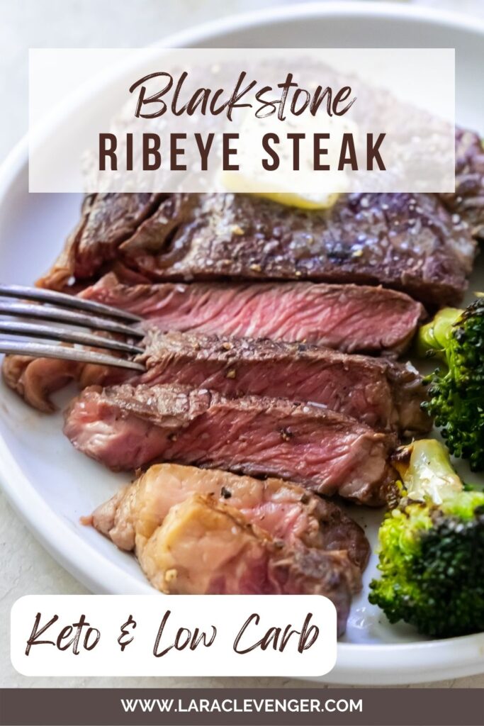 pinterest image for blackstone ribeye steak (steak on a white plate with broccoli)
