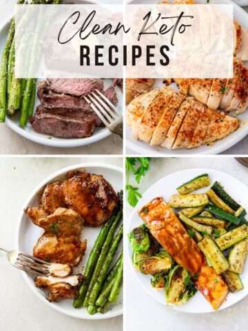 Pinterest image Clean keto recipes (salmon, teriyaki chicken, brussel sprouts, chicken with salad)