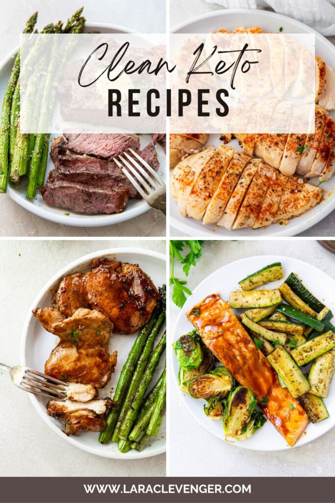 Pinterest image Clean keto recipes (salmon, teriyaki chicken, brussel sprouts, chicken with salad)