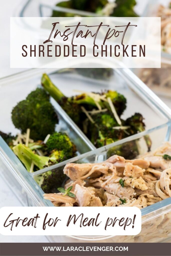 pin of meal prep shredded chicken thighs