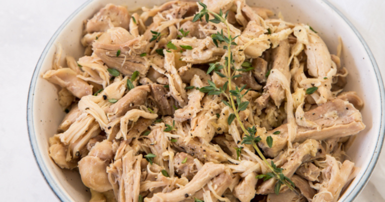 Shredded Chicken Thighs in Instant Pot with thyme.