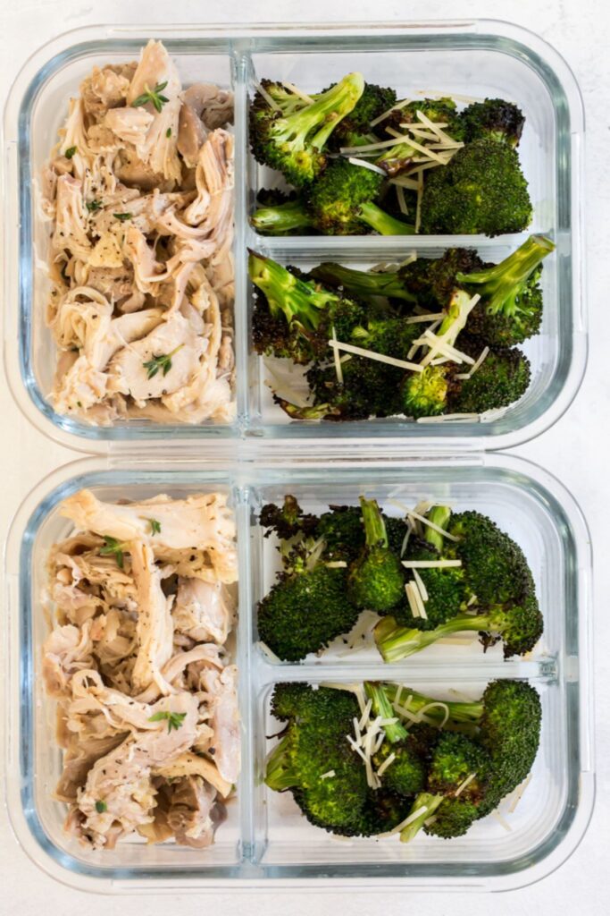 meal prep with shredded chicken thighs and broccoli