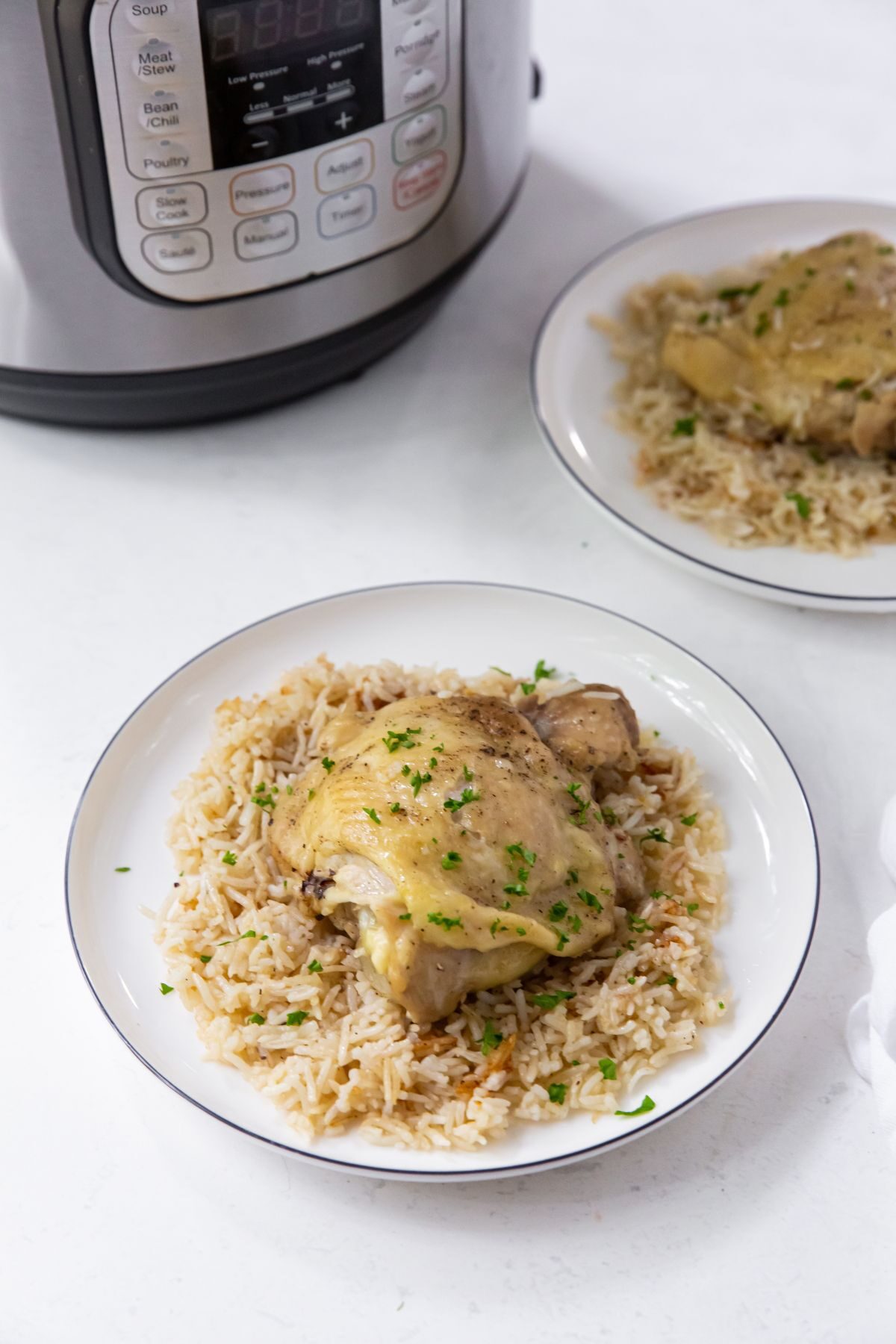 instant pot chicken thighs and rice on a white plate