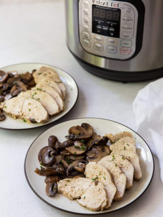 two plates of chicken breast and mushrooms with an instant pot in the background