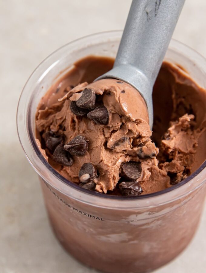 chocolate chocolate chip ice cream in a pint container with an ice cream scoop