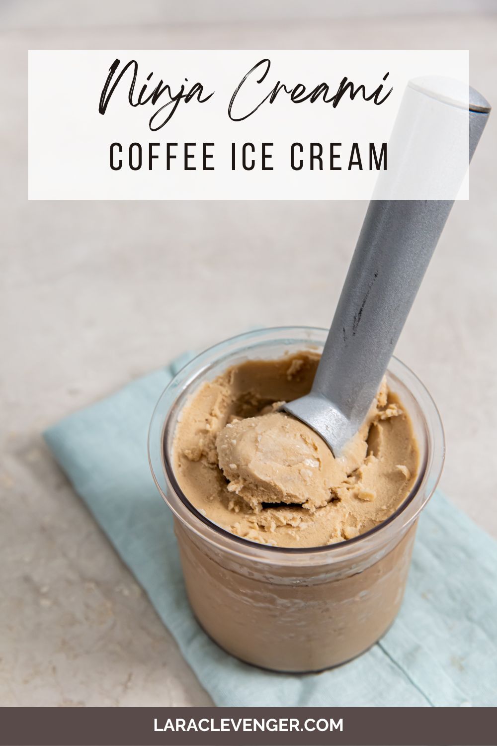 pinnable coffee ice cream in a pint container with an ice cream scoop