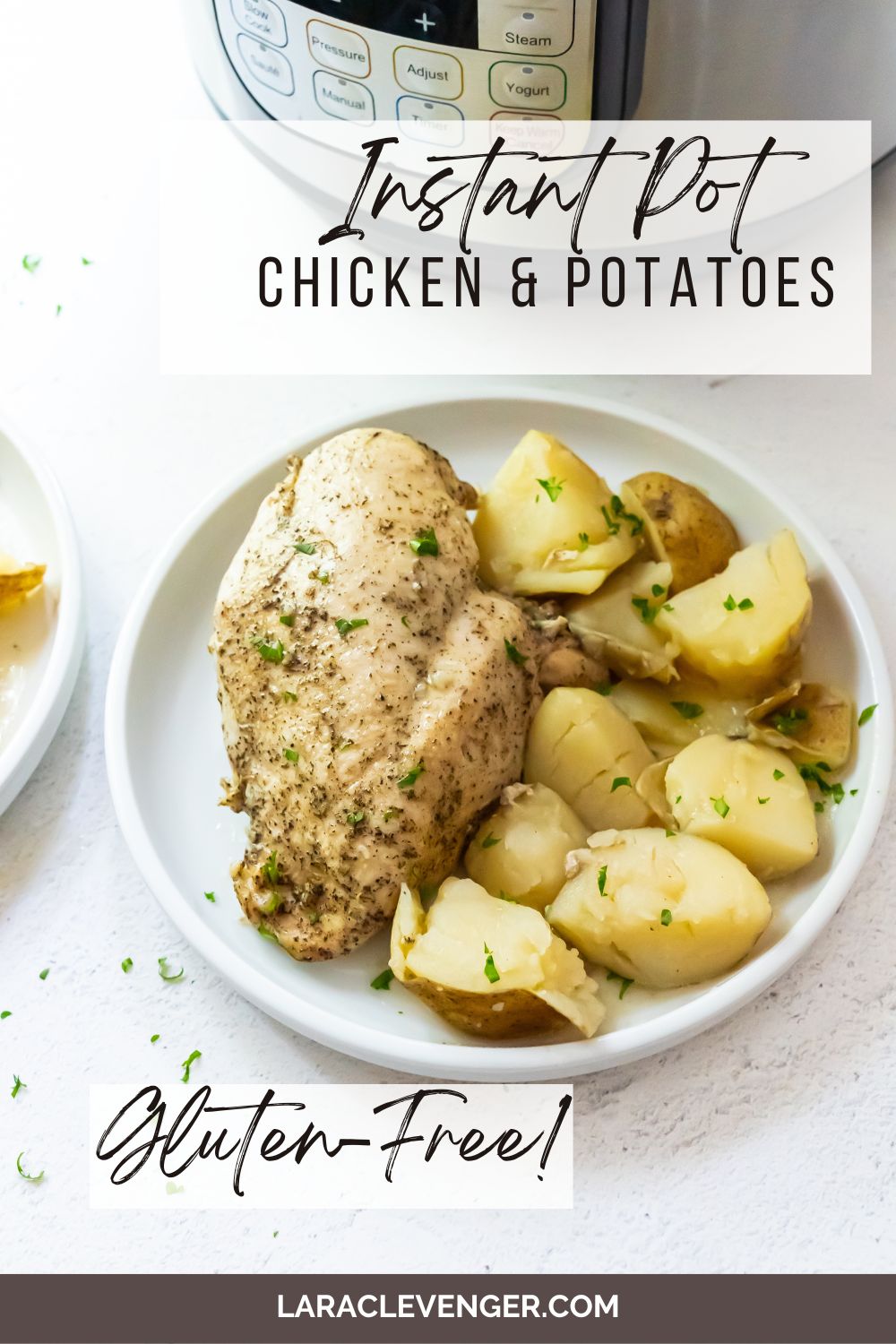 Pinterest image for instant pot chicken and potatoes. 