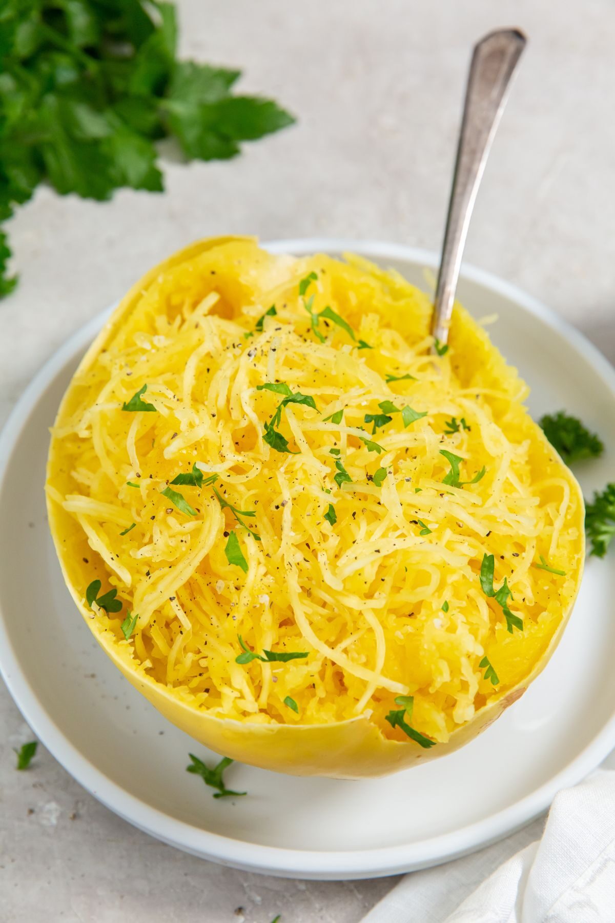 Instant Pot Spaghetti Squash on a white plate with a fork in it