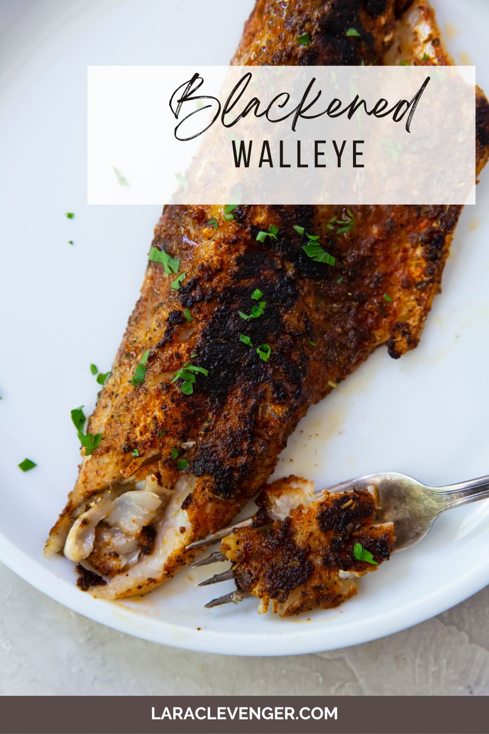 pin of Blackened Walleye on a white plate with a fork
