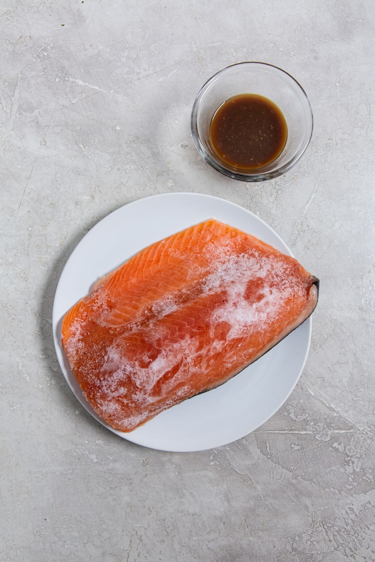 ingredients of frozen salmon and teriyaki sauce