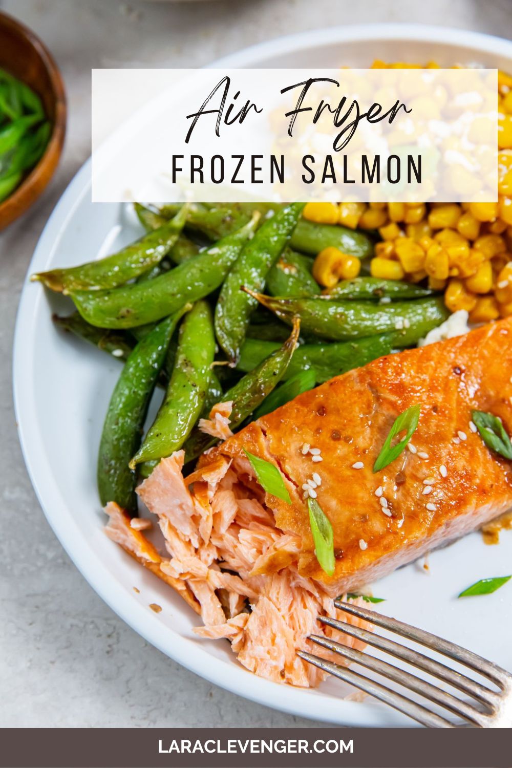 pin of air fryer frozen salmon on a white plate