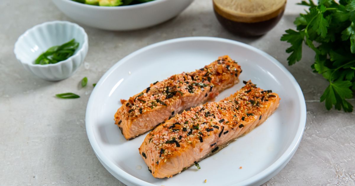 Air Fryer Furikake Salmon on a white plate