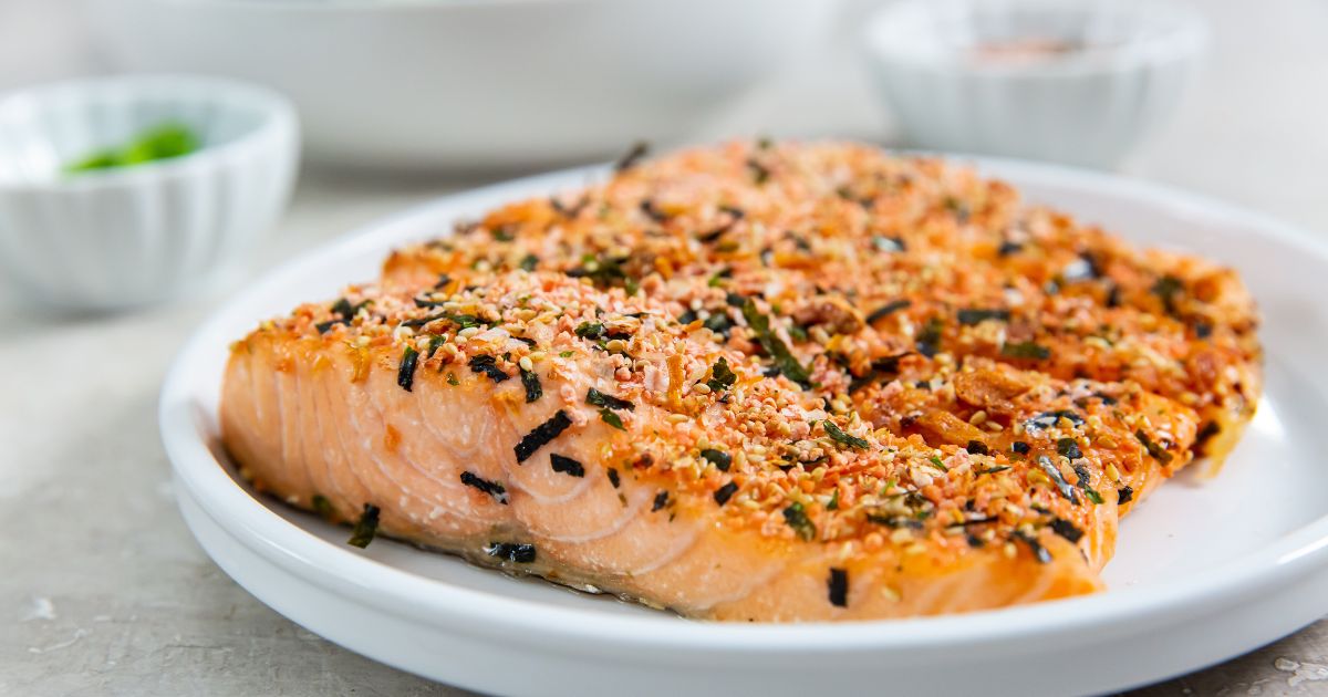 air fryer furikake salmon on a white plate