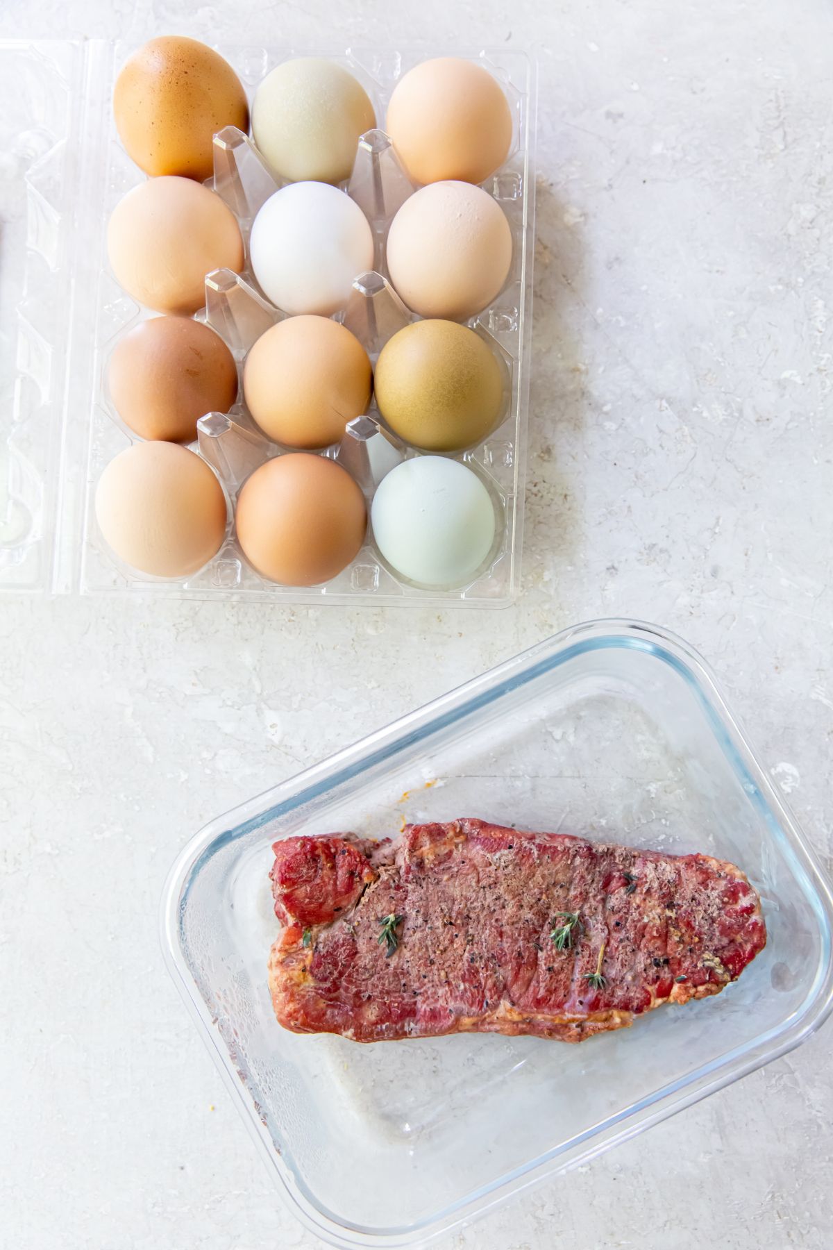 ingredients of eggs and leftover steak