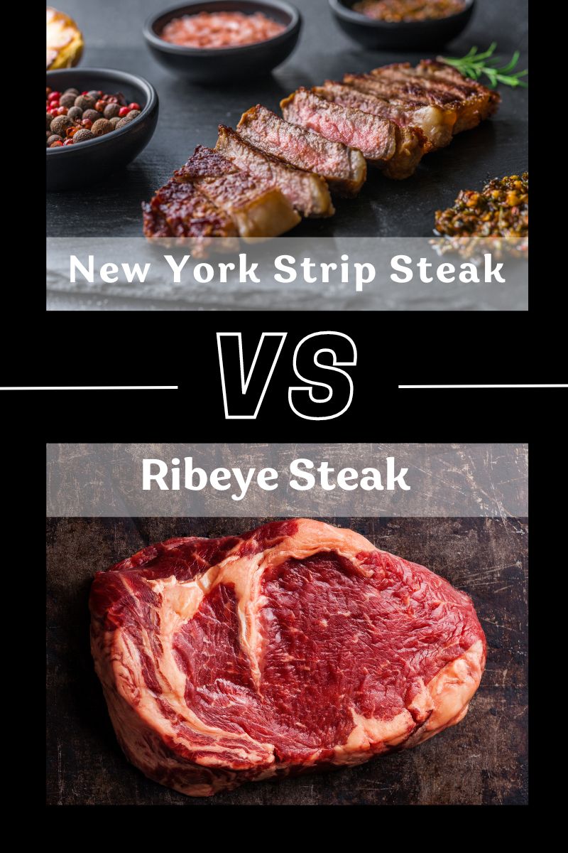 A cover of a New York Strip Steak and a Ribeye Steak with the "against" symbol in the middle to show that they are being compared.