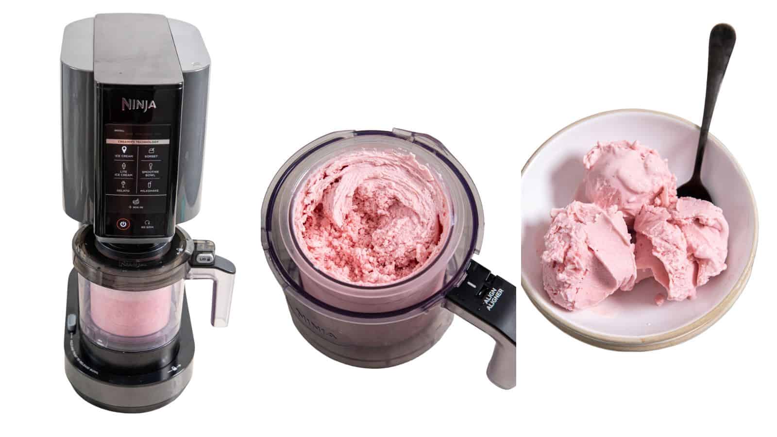ninja Creami Ice Cream maker with strawberry ice cream