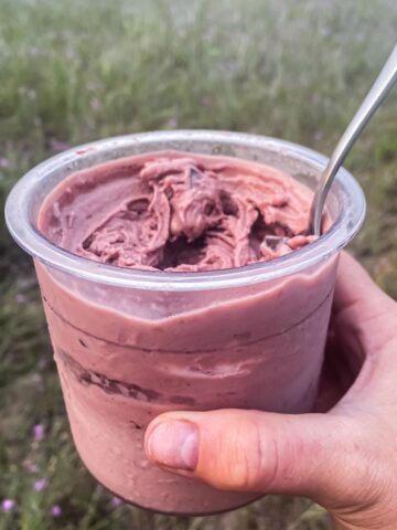 A person indulging in Cherry Chocolate Chip Ice Cream in a serene field.