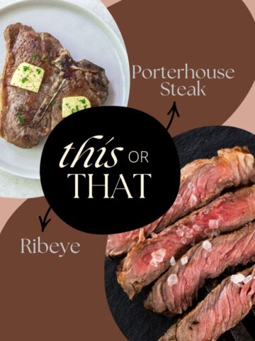 Collage image of a ribeye steak vs porterhouse steak.