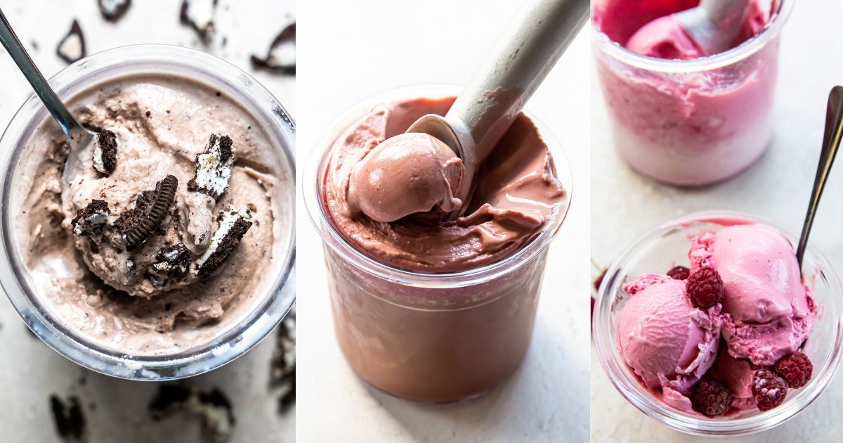 Three images of different Ninja Creami recipes: cookies and cream, chocolate, and raspberry ice creams, each in a bowl with a spoon.