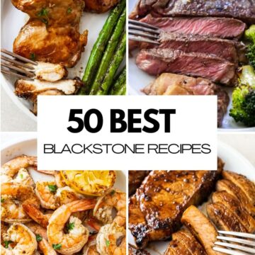 50 best Blackstone Griddle recipes with chicken, steak, shrimp, and pork chops.