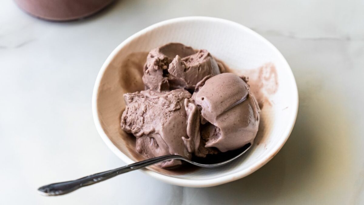 Ninja Creami acai ice cream in a white bowl.